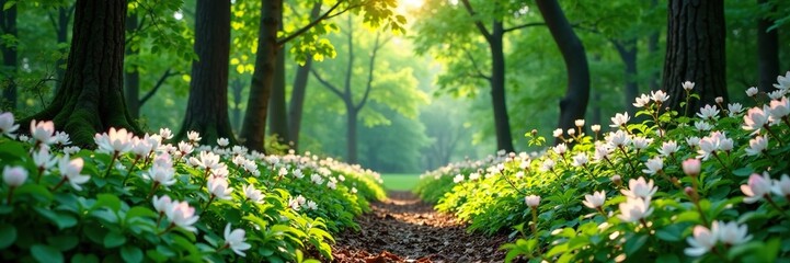 Forest understory with white blooms of azalea and rhododendron, small trees, flowers in forest, woodland