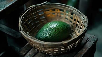 A smooth avocado placed in a rustic wooden basket, highlighting its rich green color.