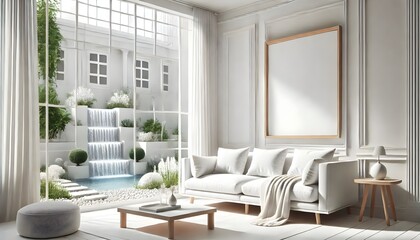 minimalist living room bathed in natural light from a large window. Frame mockup, Living room wall poster mockup. Interior mockup with house background. Modern interior design. 