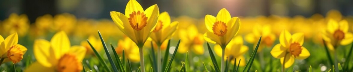 Fototapeta premium Saffron crocuses nestle among yellow daffodils, their colors intertwined in harmony, sunshine, landscape