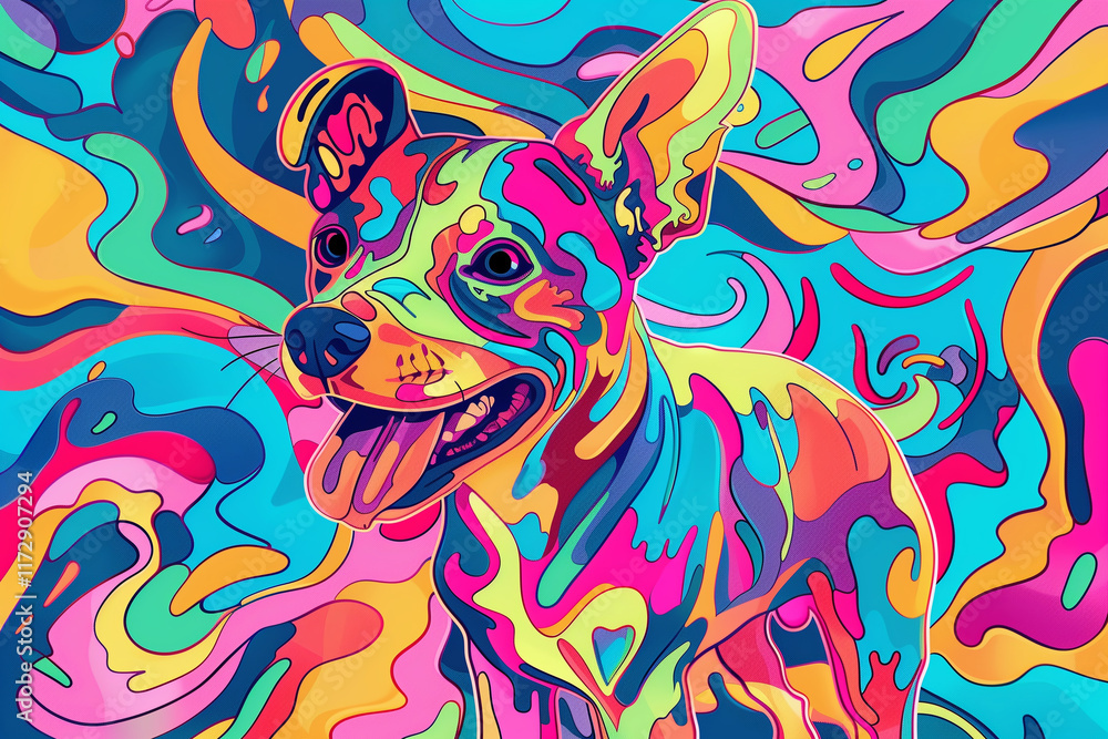 Poster a vibrant and colorful line art of a dog surrounded by swirling abstract patterns.
