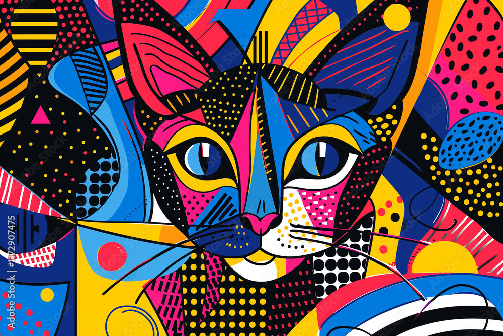 Poster a vibrant and colorful line art of a cat surrounded by abstract shapes.