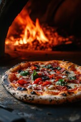 Enjoying a freshly baked pizza in Italy with vibrant toppings fresh out of the wood-fired oven at sunset