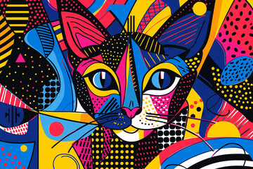 A vibrant and colorful line art of a cat surrounded by abstract shapes.