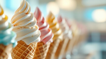 A delightful assortment of soft serve ice cream cones, showcasing a variety of flavors and creamy textures, inviting viewers to savor the deliciousness.