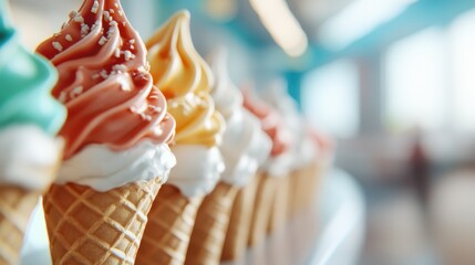 An enticing collection of soft serve ice cream cones in various colors and topped with sprinkles, creating a playful and visually appealing presentation.