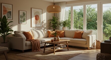 Naklejka premium Cozy living room, warm sunlight, large windows, lush green plants, beige sofa, orange accent pillows, wooden coffee table, neutral color palette, framed artwork, natural textures, jute rug, bohemian d
