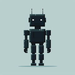 Robot in pixel art style against light blue background.