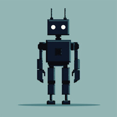 Robot in pixel art style against light blue background.