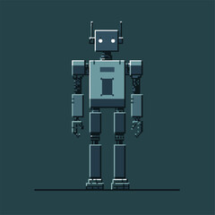 Robot in pixel art style against light blue background.