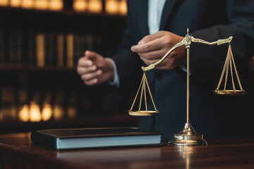 Lawyer presenting a case in a courtroom, standing confidently before a judge. Generative AI