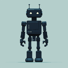 Robot in pixel art style against light blue background.