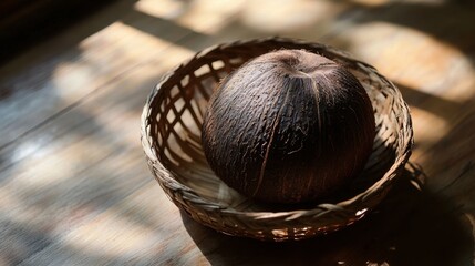 A solitary coconut resting in a wooden basket with natural light casting soft shadows.