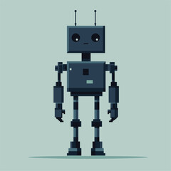 Robot in pixel art style against light blue background.