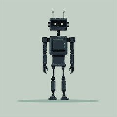 Robot in pixel art style against light blue background.
