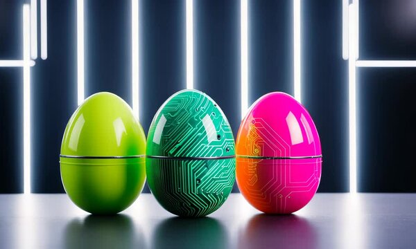 Abstract Lines Circuit Lights technology digital hi tech easter eggs concept background. Digital Easter eggs with glowing circuit patterns. Modern celebration technology