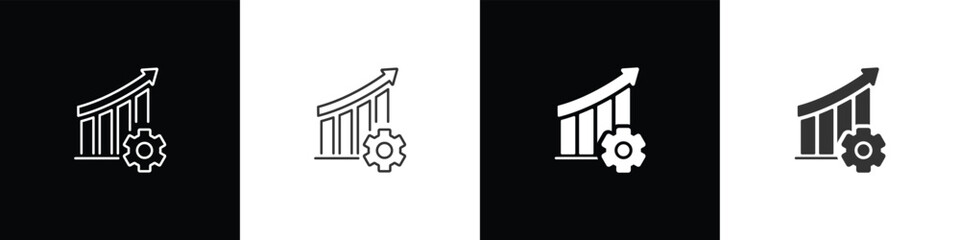 Increase profit icon. Growth graph icon with gear, Bar chart icon. Business chart. Financial rise up. Economic graphic growth arrow rising. Chart icon in black, white and transparent background.