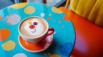 A vibrant coffee cup with artistic latte art rests on a colorful, playful table, creating a cheerful cafe atmosphere.