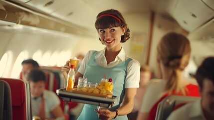 A smiling retro-style flight attendant serves drinks and snacks on a tray to passengers on an...