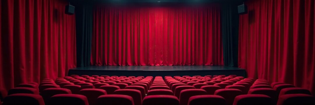 An empty theatre box with a closed curtain and empty seats, empty seats, curtains closed