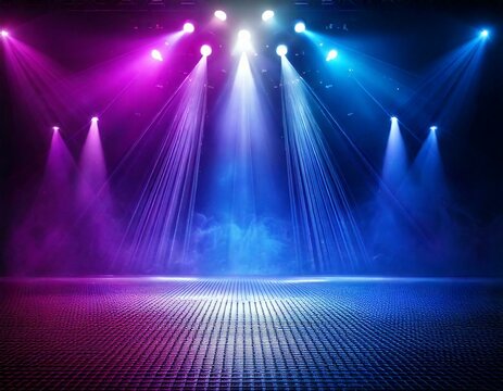 Dark scene colorful lights concert stage blue and purple background, fog