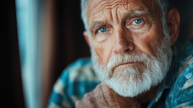 An elderly man with a thoughtful expression, detailed texture on his face, and piercing blue eyes, capturing a moment of deep reflection and contemplation.