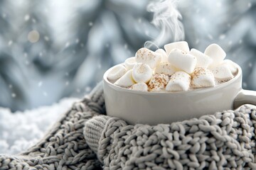 World Snow Day.Close-up of steaming hot chocolate with marshmallows, held in cozy knit gloves, with snowfall in the background.