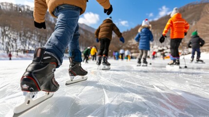 World Snow Day.Children and adults ice skating on a frozen lake, wearing colorful winter clothing, under a bright blue sky.