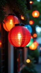 Fototapeta premium Colorful lanterns hang from a Christmas tree in Honolulu, bright, lantern