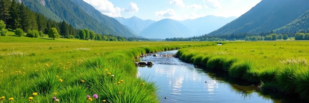 Clear Trevelez river flowing through a tranquil meadow, trevelez river, open landscape
