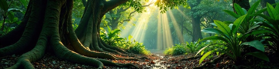Dappled light filters through banyan tree roots, rainforest, tropical