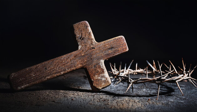 Old Wooden Cross and Jesus Christ Crown of Thorns