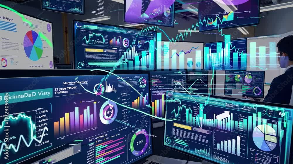 Poster exploring data analytics and visualization in a modern workspace with multiple screens