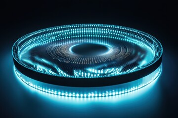 Circular structures glowing with holographic data patterns, symbolizing futuristic teamwork and scientific collaboration
