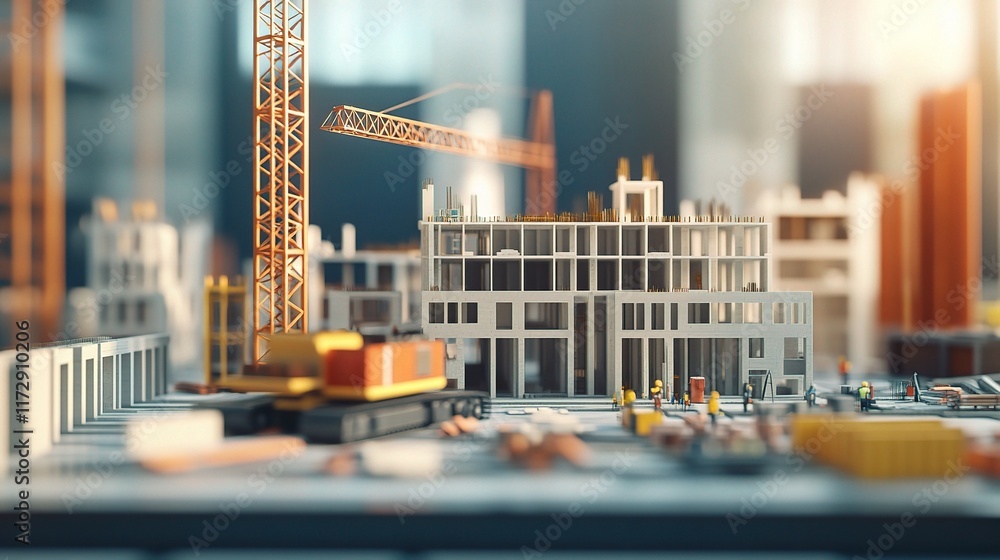 Poster modern urban architecture model with construction elements in 3d