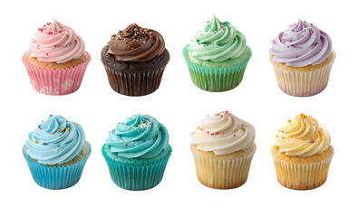 set collection of 8 vibrant cupcake, cupcakes white transparent background Pastel Pink, Mint Green, Sky Blue, Lavender Purple, Buttercream Yellow, Peach, Coral, Teal, White Vanilla, Chocolate Brown