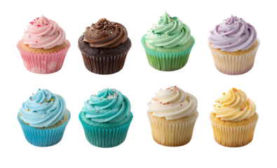 set collection of 8 vibrant cupcake, cupcakes white transparent background Pastel Pink, Mint Green, Sky Blue, Lavender Purple, Buttercream Yellow, Peach, Coral, Teal, White Vanilla, Chocolate Brown
