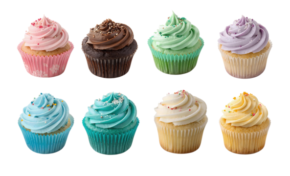 set collection of 8 vibrant cupcake, cupcakes white transparent background Pastel Pink, Mint Green, Sky Blue, Lavender Purple, Buttercream Yellow, Peach, Coral, Teal, White Vanilla, Chocolate Brown - Powered by Adobe