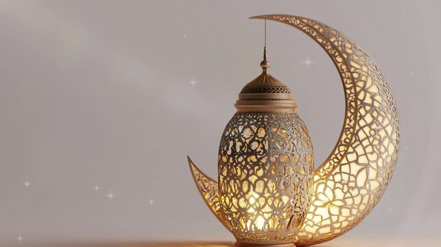 Moon and golden lantern Ramadan concept copy space greeting. Eid Al Fitr.
