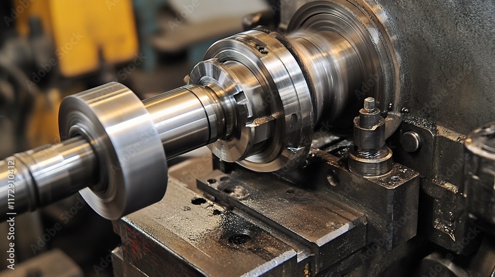 Poster close-up of metalworking lathe machine in action with precision