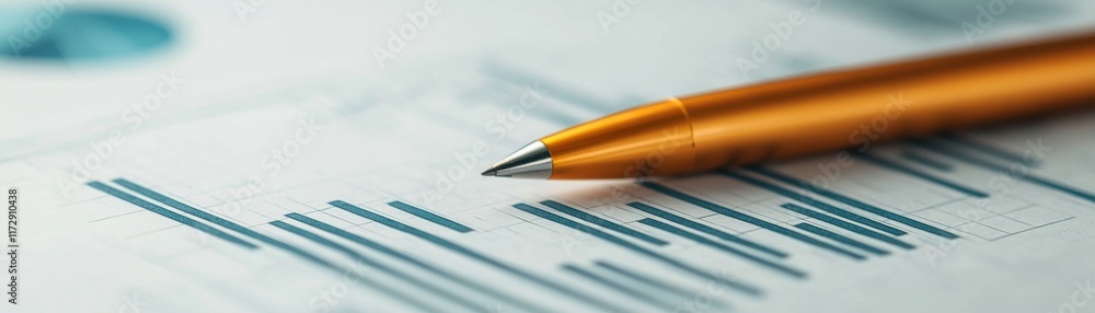 Poster a close-up of an orange pen resting on a sheet of paper with printed lines and charts, suggesting da