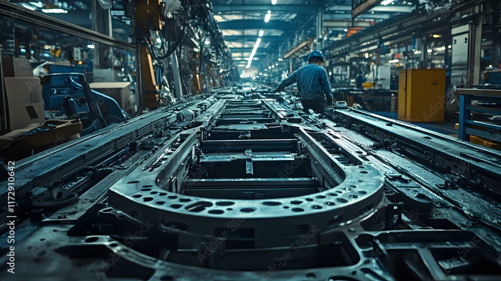 Poster a worker oversees a complex automated assembly line in a modern factory. the focus is on the intrica