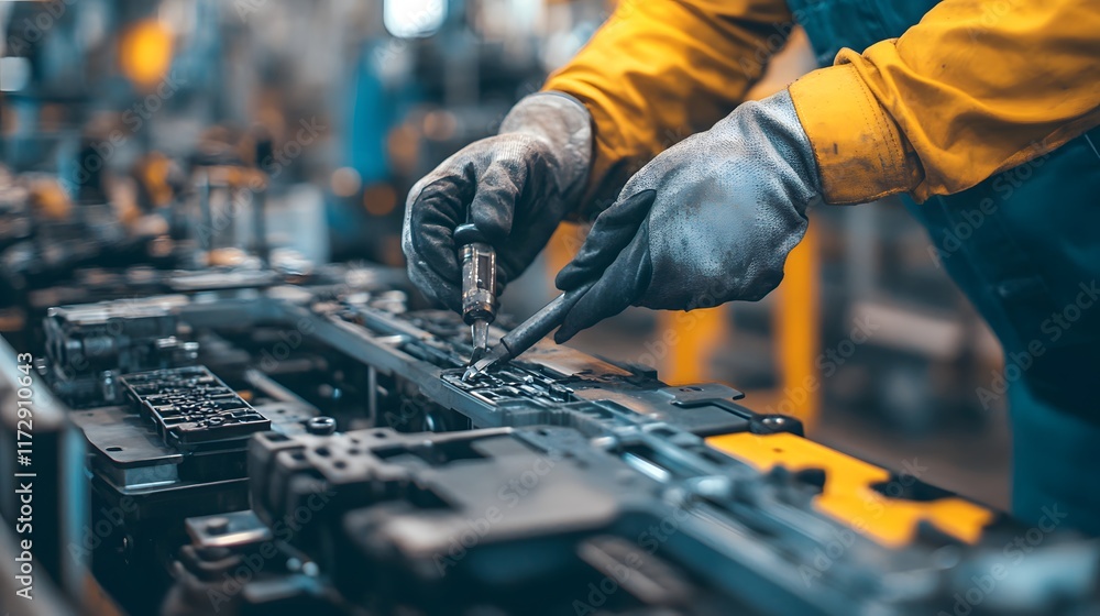 Poster close-up of a factory worker's hands using tools to assemble a complex piece of machinery on a produ