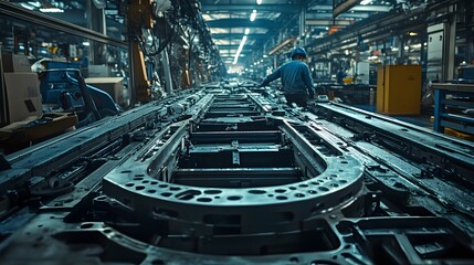 Obraz premium A worker oversees a complex automated assembly line in a modern factory. The focus is on the intricate metal components moving along the conveyor, showcasing industrial manufacturing.