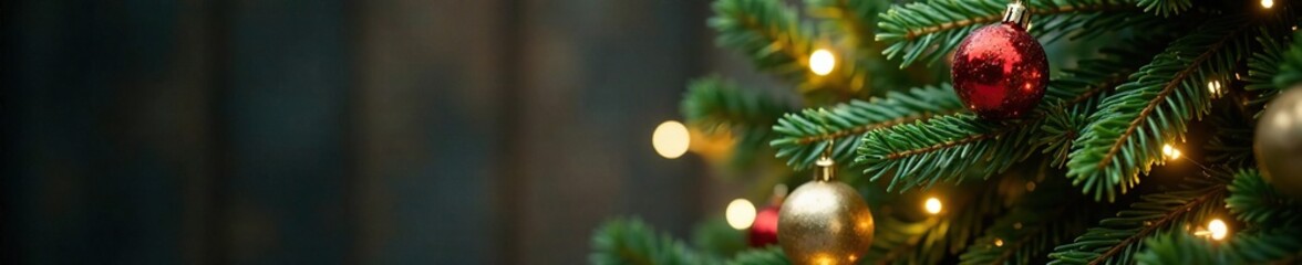 Fir branches on Christmas tree with golden lights and ornaments, decorations, lights