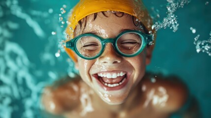 Fototapeta premium A happy child with swim goggles and a cap, smiling underwater with clarity and joy, exuding a sense of freedom and playfulness, splashes around them.