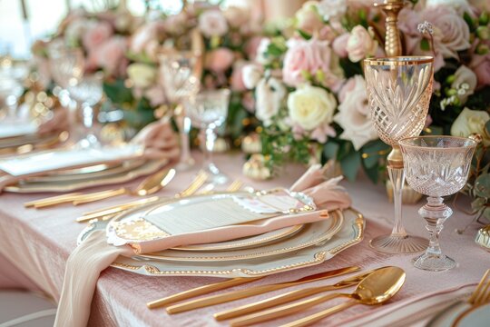 A table set for a formal dinner with a centerpiece of flowers and candles. MZ - Powered by Adobe