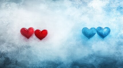 A visually striking image featuring two red hearts on one side and two blue hearts on the other, set against a foggy background, This artwork can symbolize love, relationships