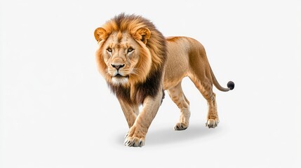Obraz premium A lion walking confidently with a majestic mane against a white background.
