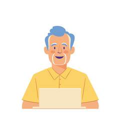 Old man using a laptop, yellow shirt.